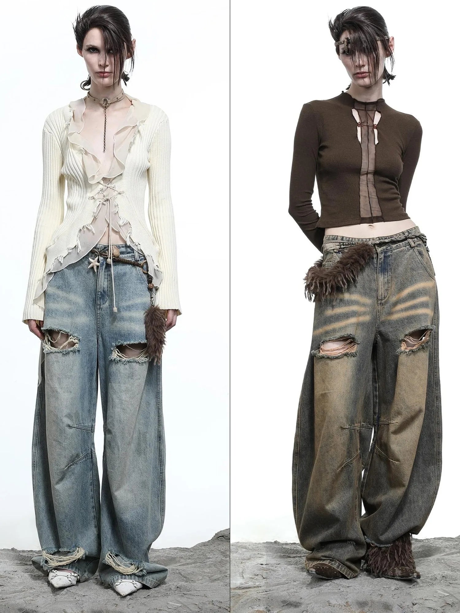 Vintage Wash Distressed Crescent Wide Leg Jeans
