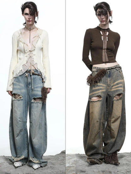 Vintage Wash Distressed Crescent Wide Leg Jeans