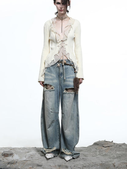 NN NORTH NODE Vintage Wash Distressed Crescent Wide Leg Jeans