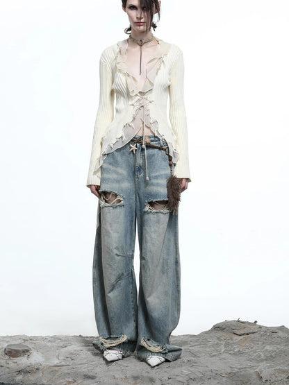 Vintage Wash Distressed Crescent Wide Leg Jeans