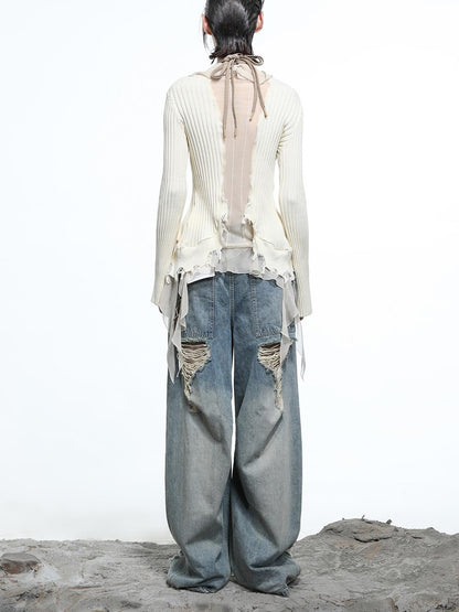 NN NORTH NODE Vintage Wash Distressed Crescent Wide Leg Jeans