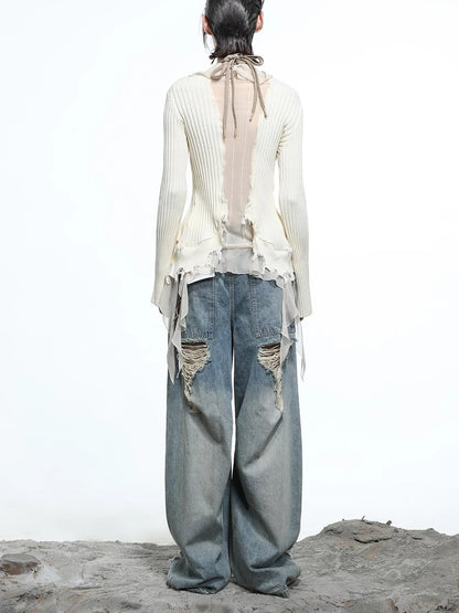 Vintage Wash Distressed Crescent Wide Leg Jeans