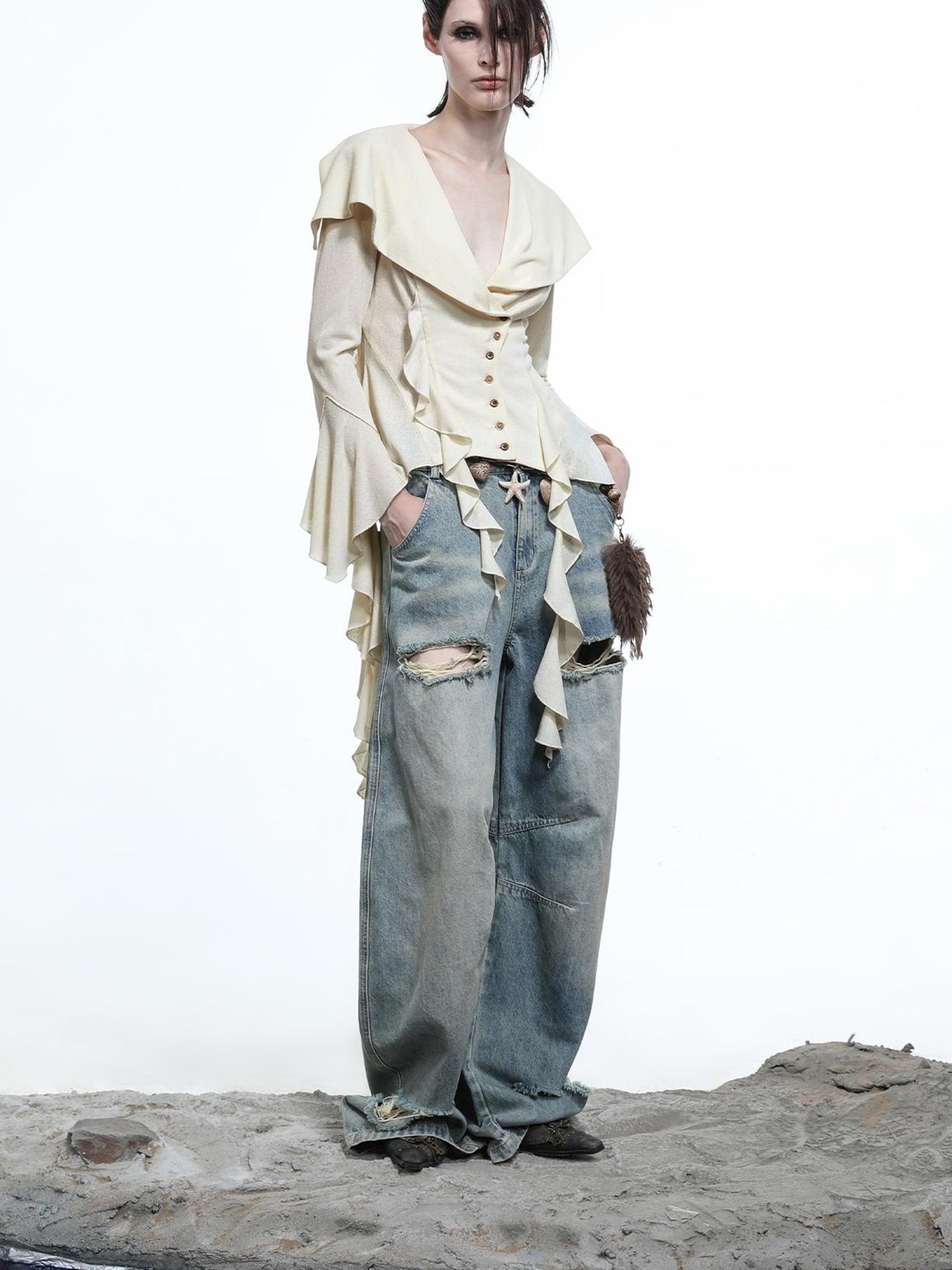 NN NORTH NODE Vintage Wash Distressed Crescent Wide Leg Jeans