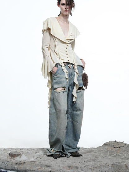 NN NORTH NODE Vintage Wash Distressed Crescent Wide Leg Jeans