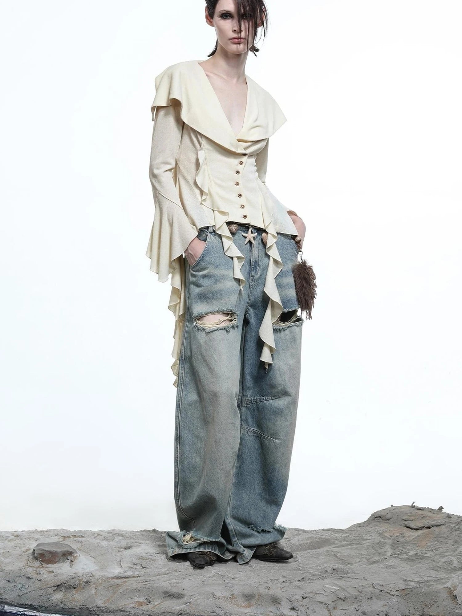 Vintage Wash Distressed Crescent Wide Leg Jeans