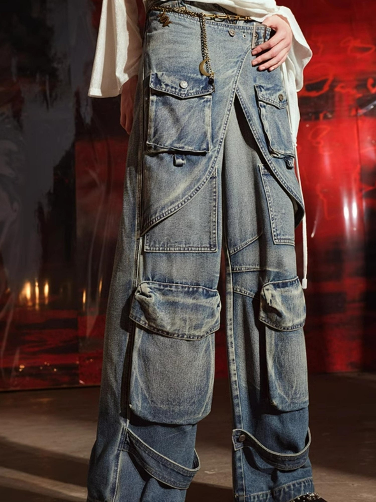 UpdateNN NORTH NODE Vintage Washed Cargo Denim Wide Leg Trousers