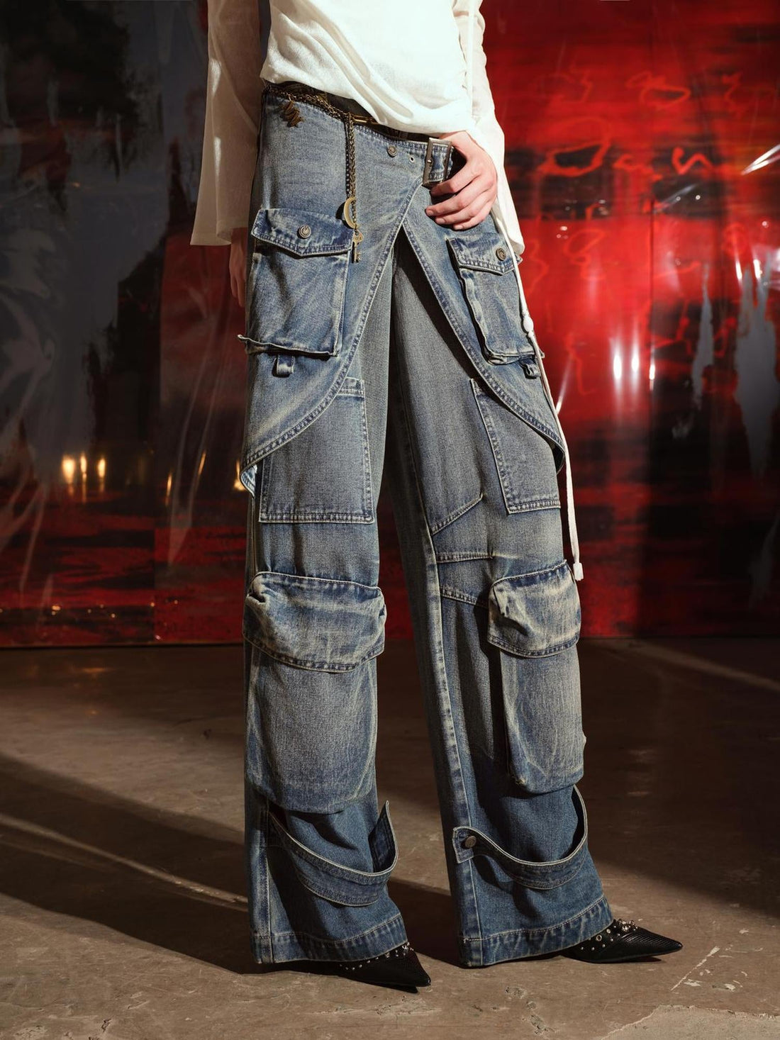 UpdateNN NORTH NODE Vintage Washed Cargo Denim Wide Leg Trousers