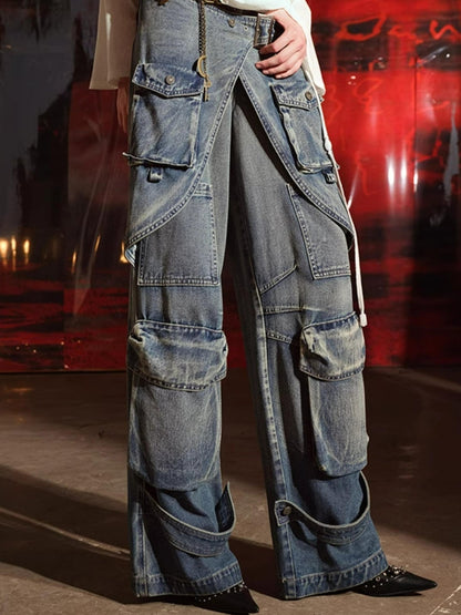 UpdateNN NORTH NODE Vintage Washed Cargo Denim Wide Leg Trousers