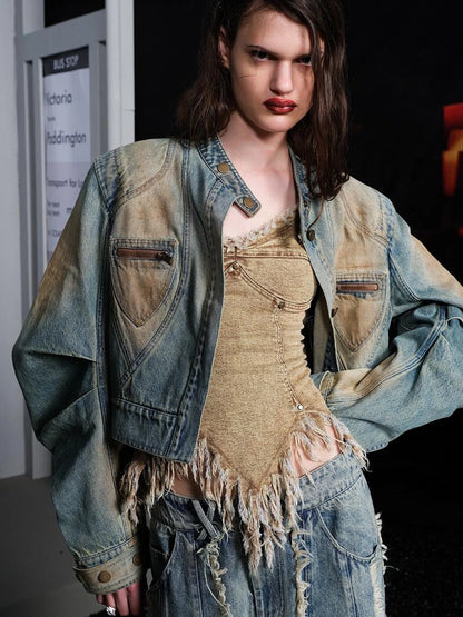 Vintage Washed Distressed Cowboy Denim Jacket