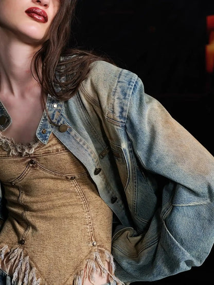 Vintage Washed Distressed Cowboy Denim Jacket