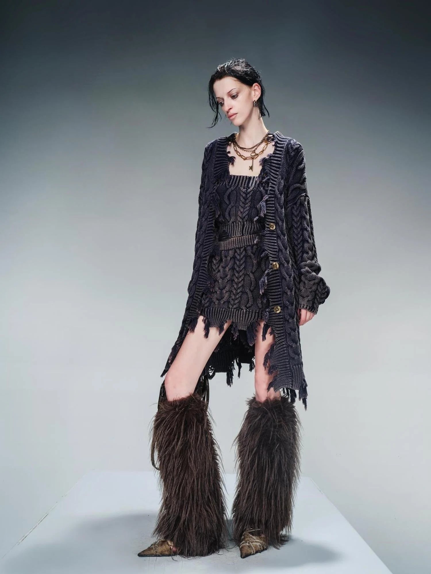 Vintage Washed Thick Cable Knit Sweater Set