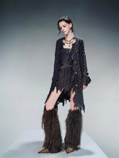 Vintage Washed Thick Cable Knit Sweater Set