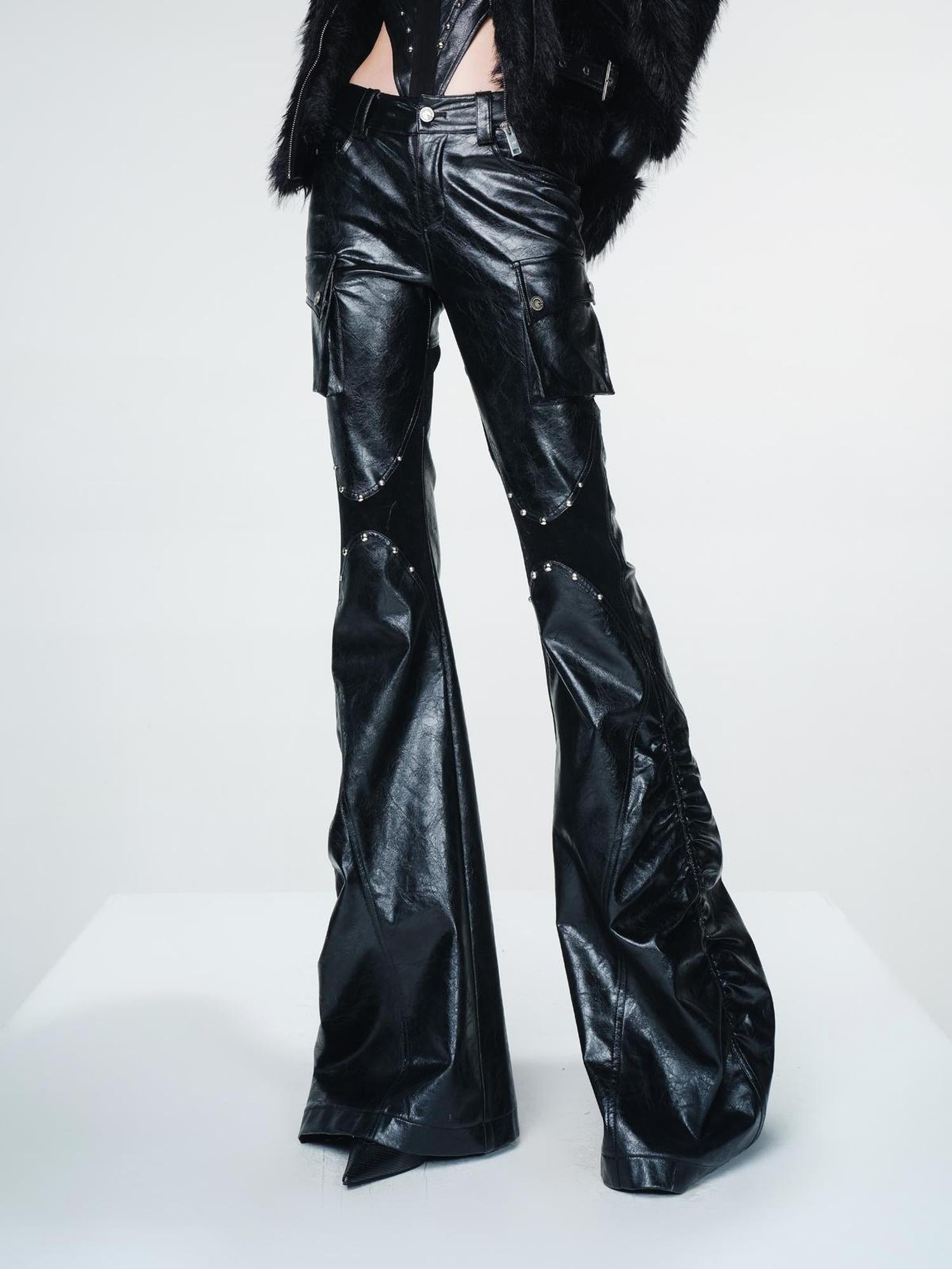 UpdateNN NORTH NODE Vintage Waxed Leather Flared Trousers