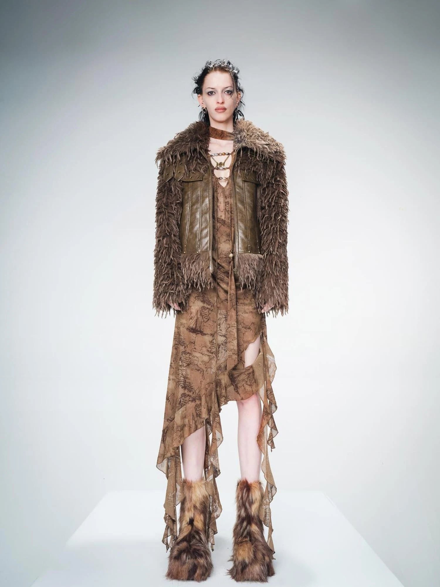 Vintage Waxed Leather Patchwork Faux Fur Coat