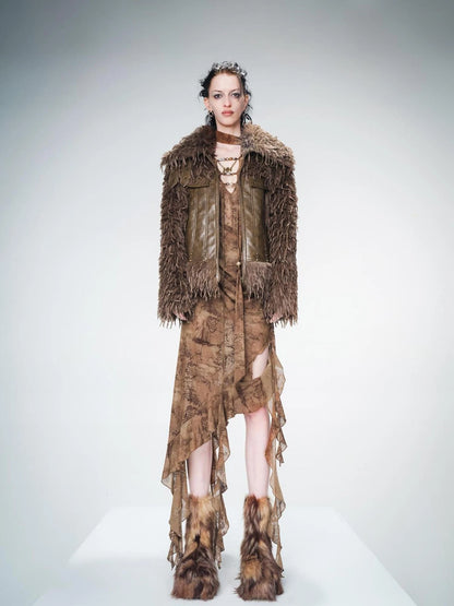 Vintage Waxed Leather Patchwork Faux Fur Coat