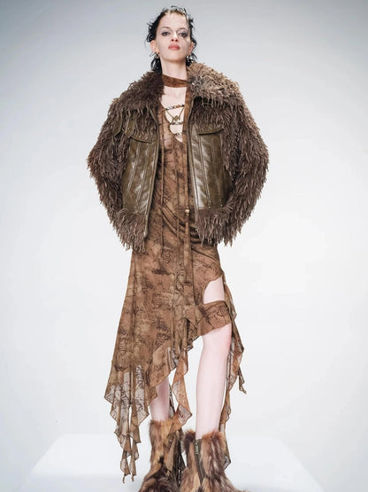 Vintage Waxed Leather Patchwork Faux Fur Coat