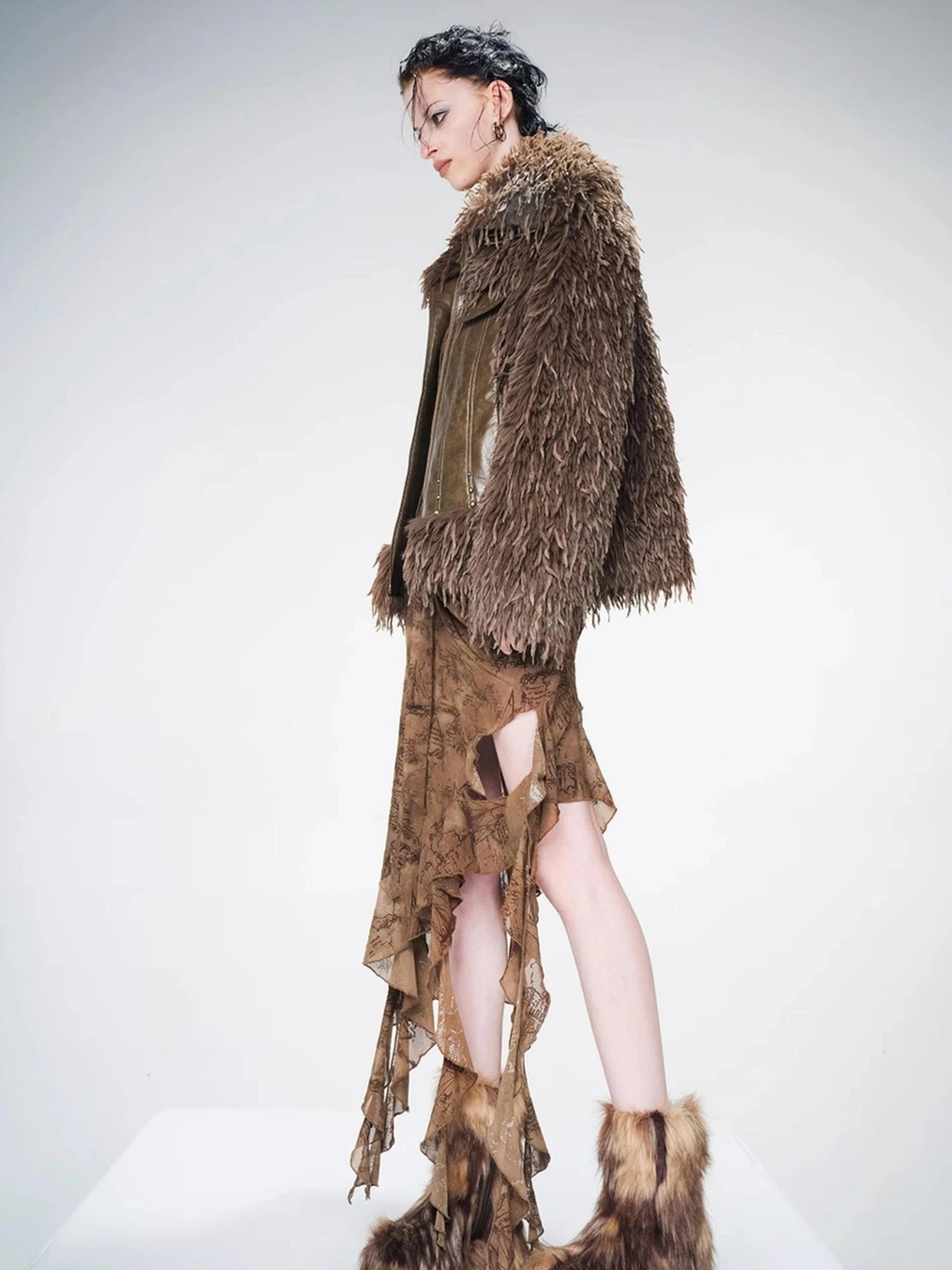 Vintage Waxed Leather Patchwork Faux Fur Coat