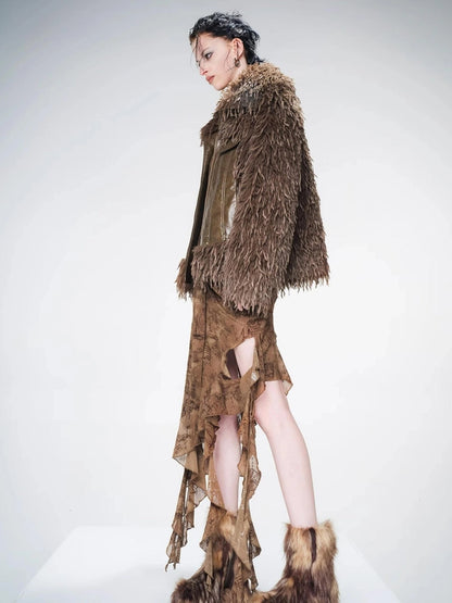 Vintage Waxed Leather Patchwork Faux Fur Coat