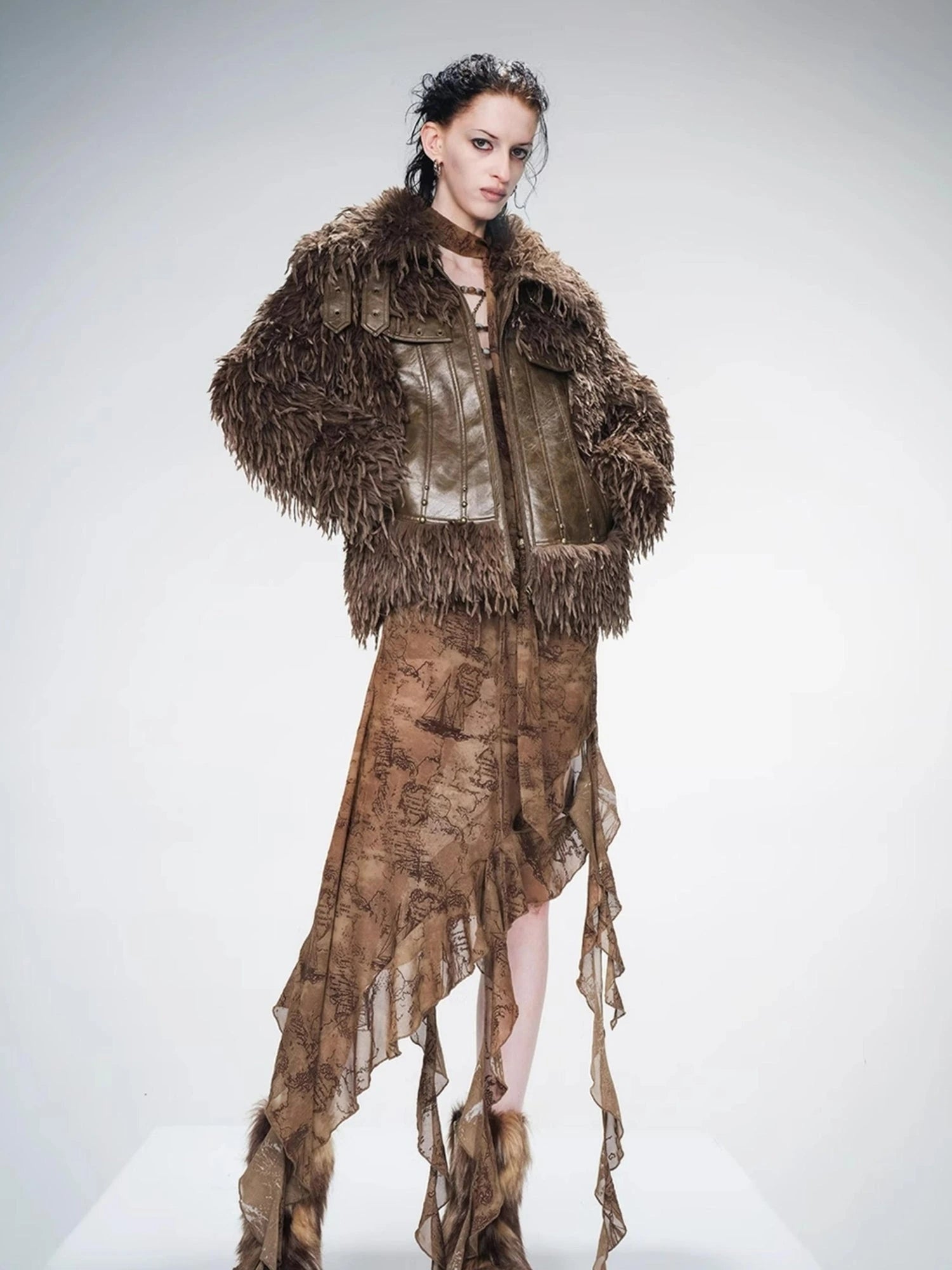 Vintage Waxed Leather Patchwork Faux Fur Coat