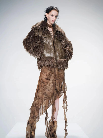 Vintage Waxed Leather Patchwork Faux Fur Coat