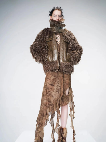 Vintage Waxed Leather Patchwork Faux Fur Coat