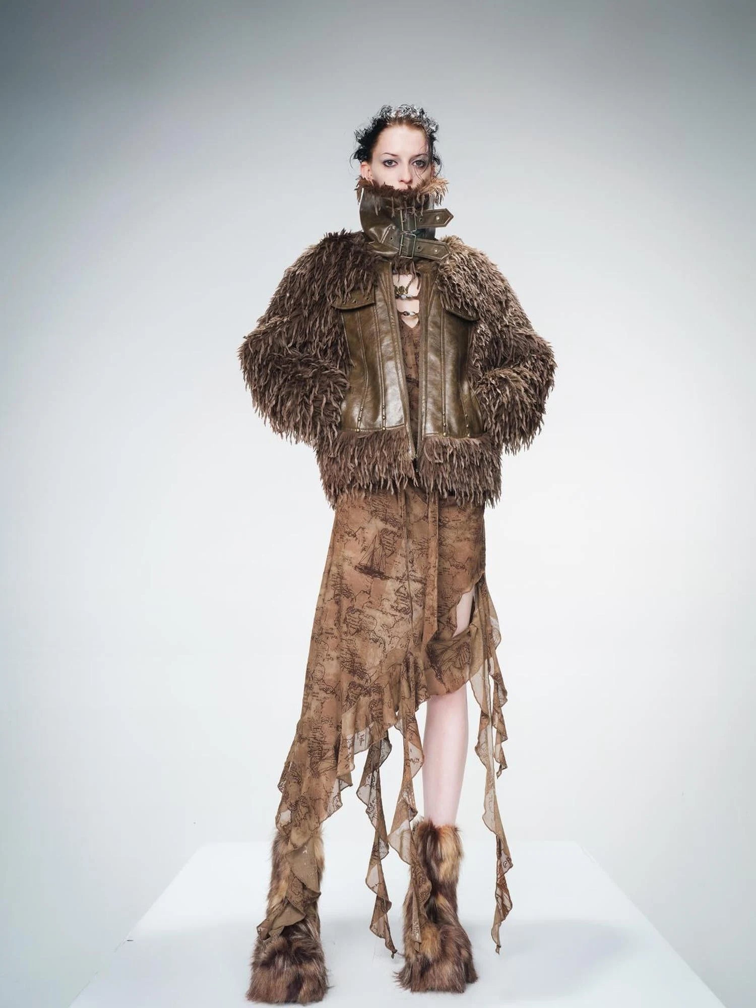 Vintage Waxed Leather Patchwork Faux Fur Coat