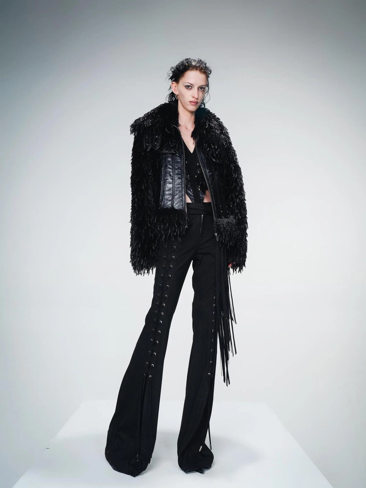 Vintage Waxed Leather Patchwork Faux Fur Coat