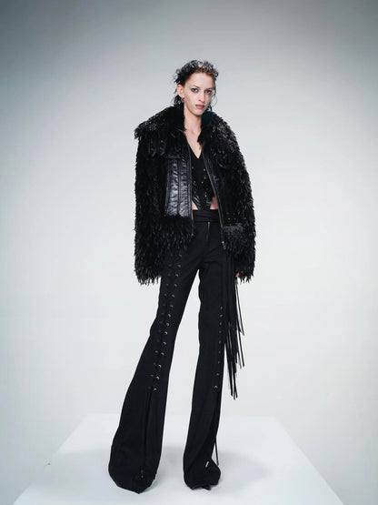 Vintage Waxed Leather Patchwork Faux Fur Coat