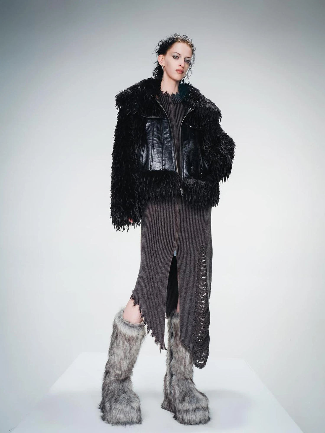 Vintage Waxed Leather Patchwork Faux Fur Coat