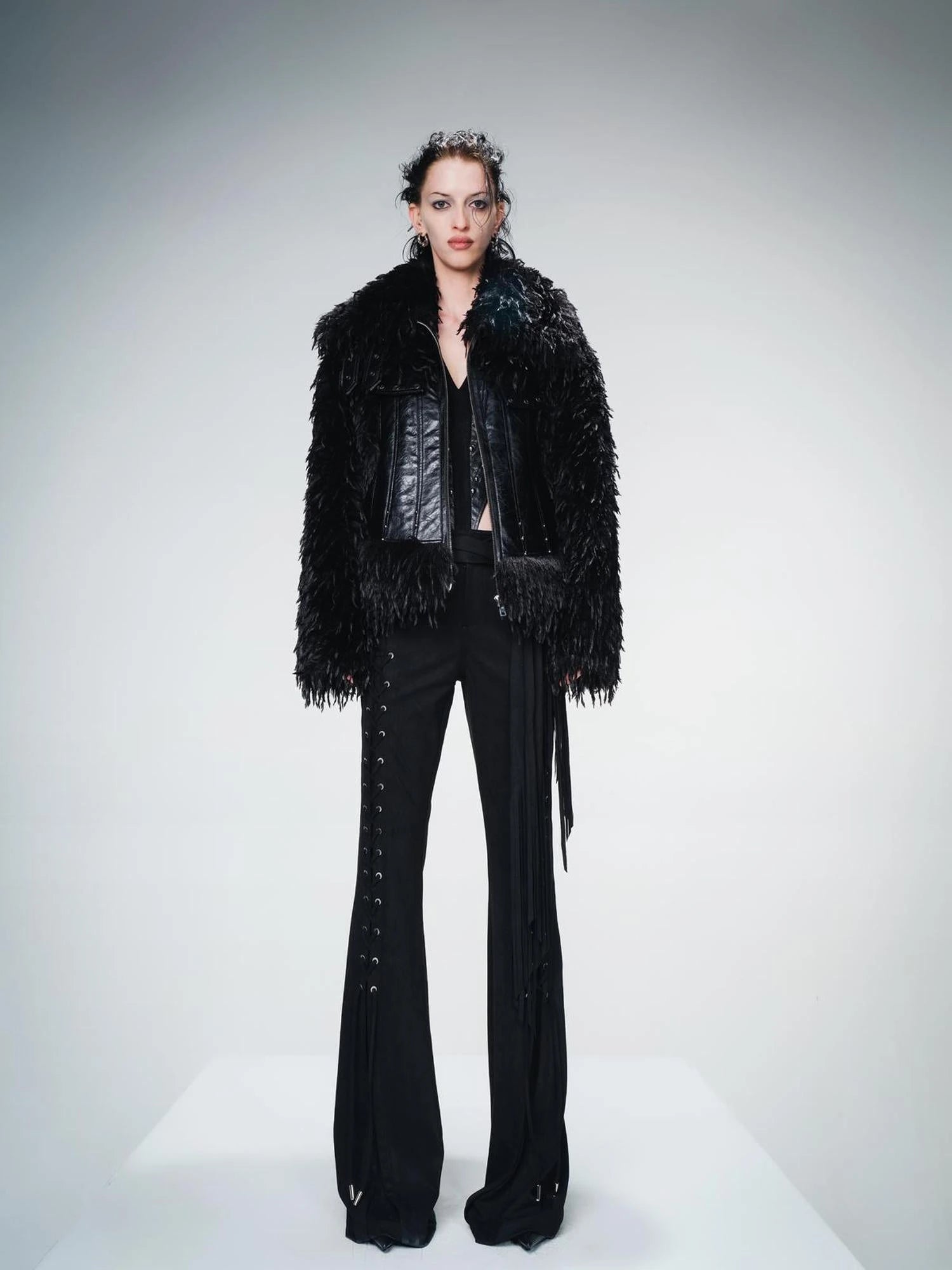Vintage Waxed Leather Patchwork Faux Fur Coat