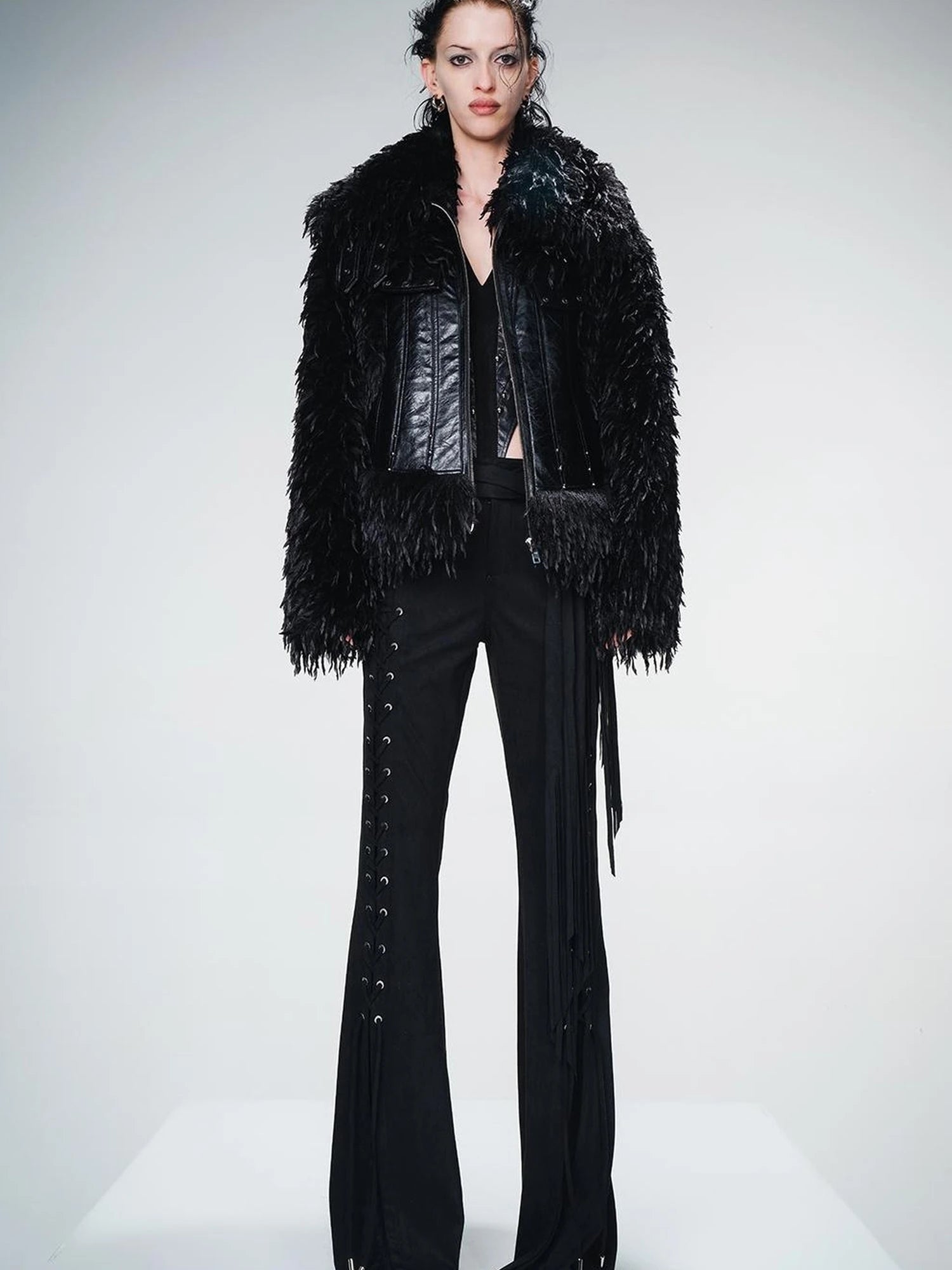 Vintage Waxed Leather Patchwork Faux Fur Coat