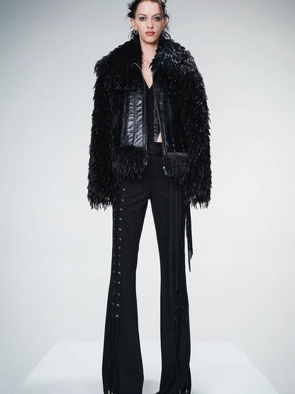 Vintage Waxed Leather Patchwork Faux Fur Coat
