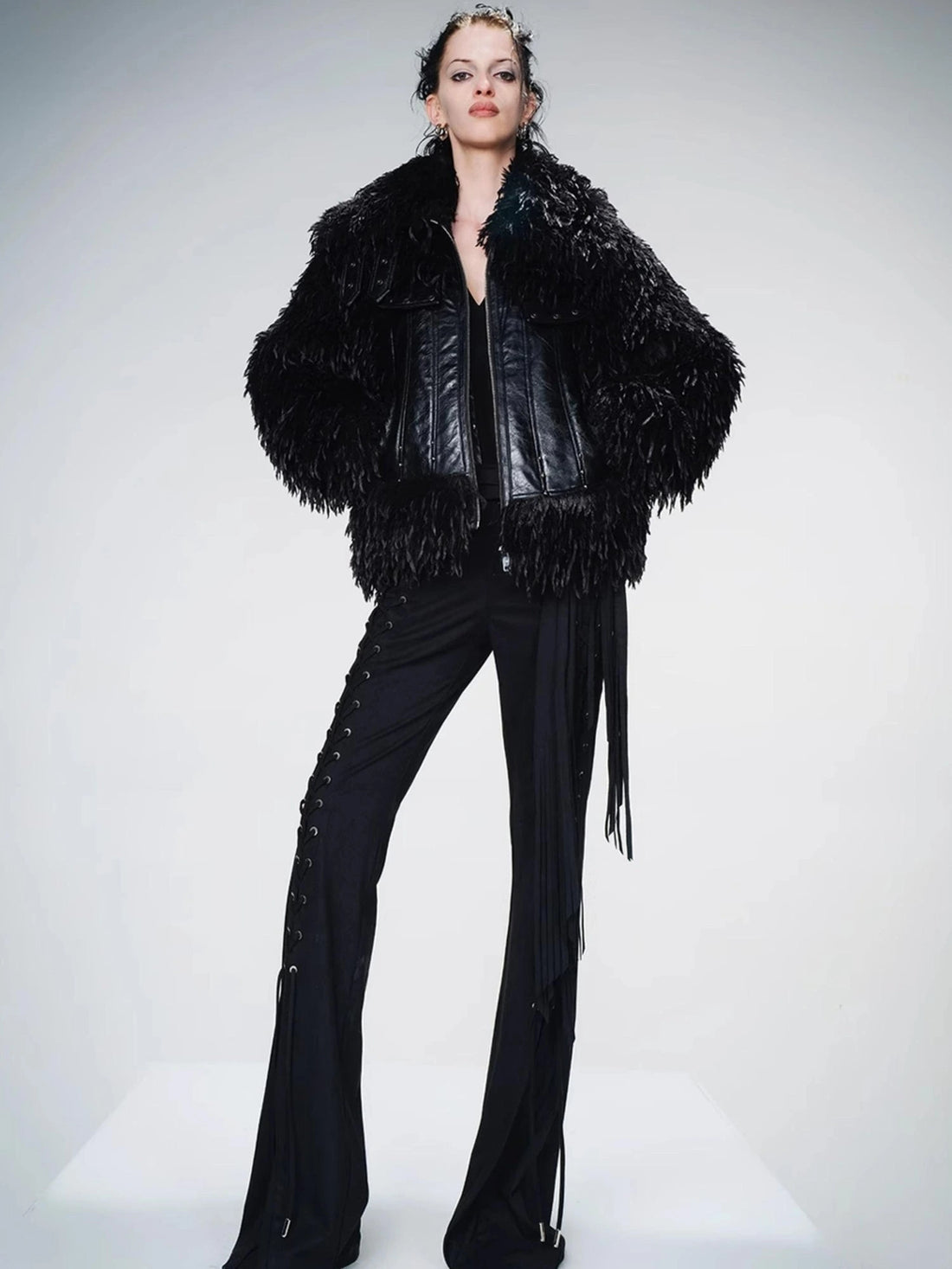 Vintage Waxed Leather Patchwork Faux Fur Coat