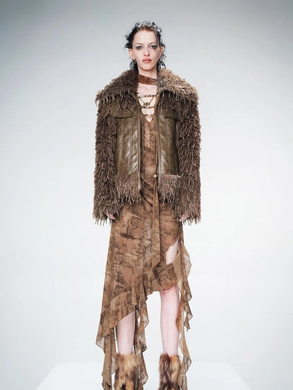 Vintage Waxed Leather Patchwork Faux Fur Coat