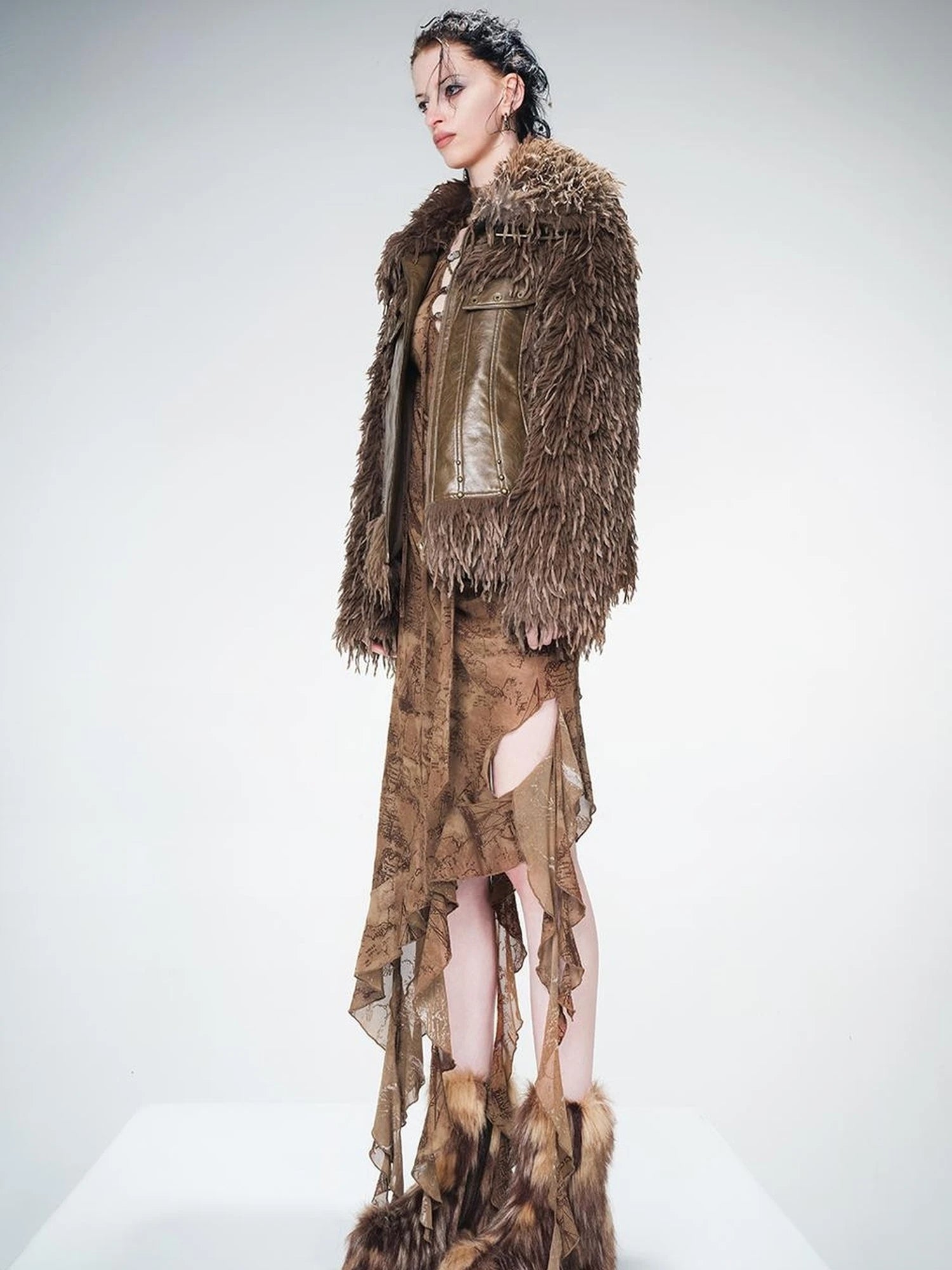 Vintage Waxed Leather Patchwork Faux Fur Coat