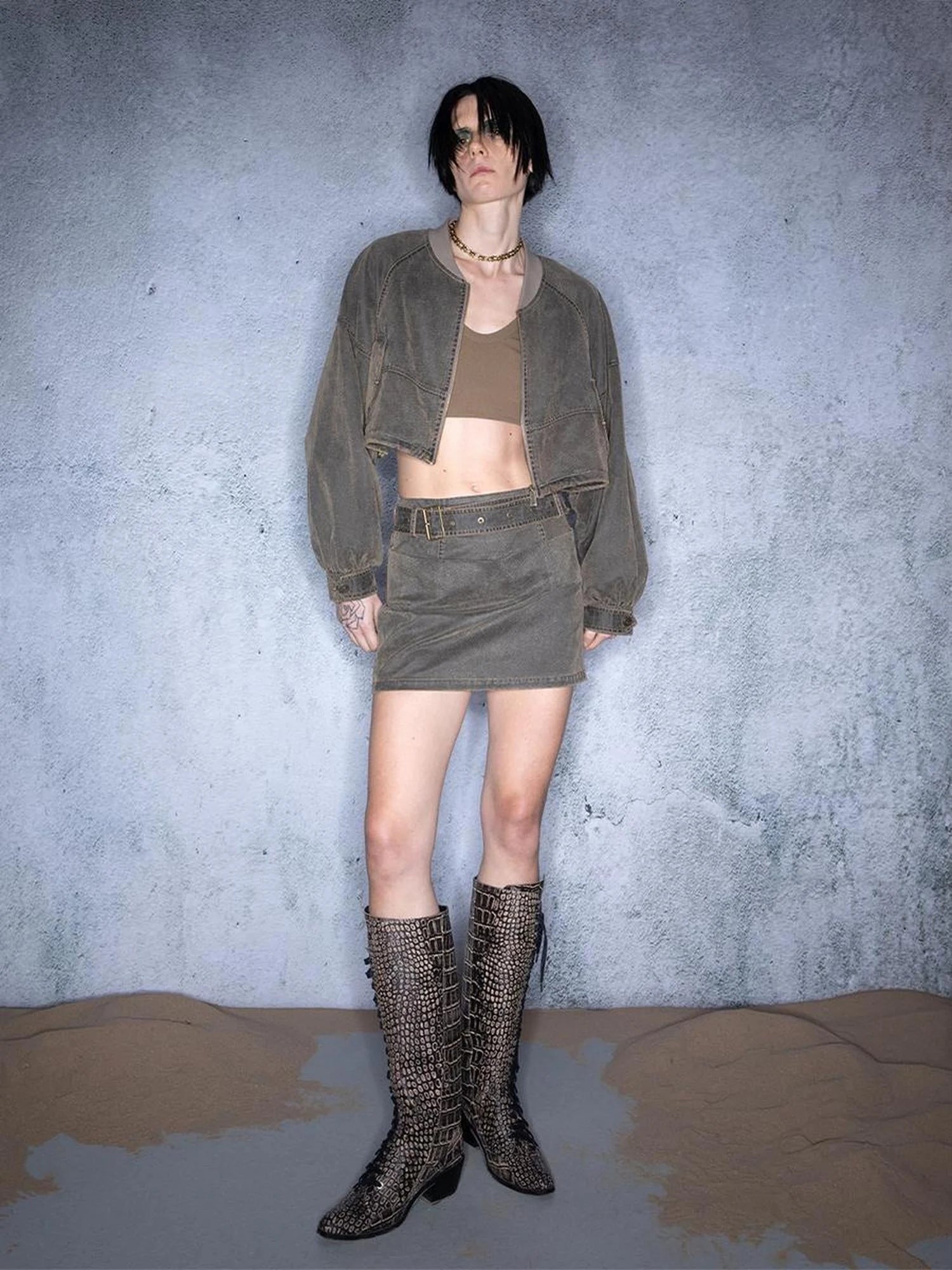 Washed Aviator Jacket Set With Wild Grass Texture