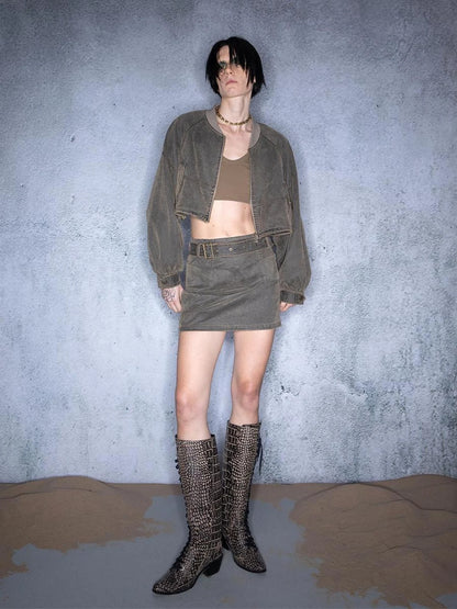 Washed Aviator Jacket Set With Wild Grass Texture