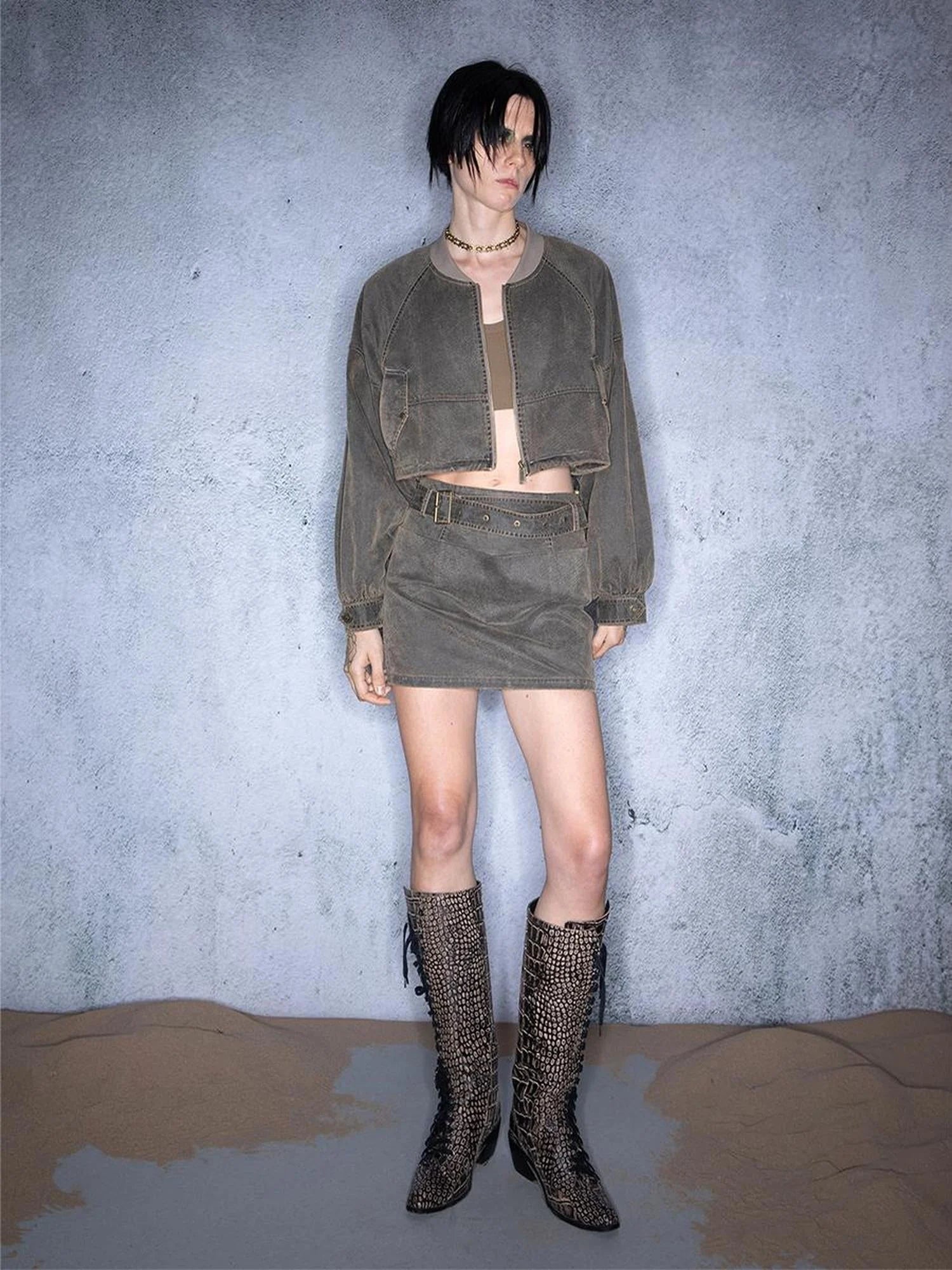 Washed Aviator Jacket Set With Wild Grass Texture