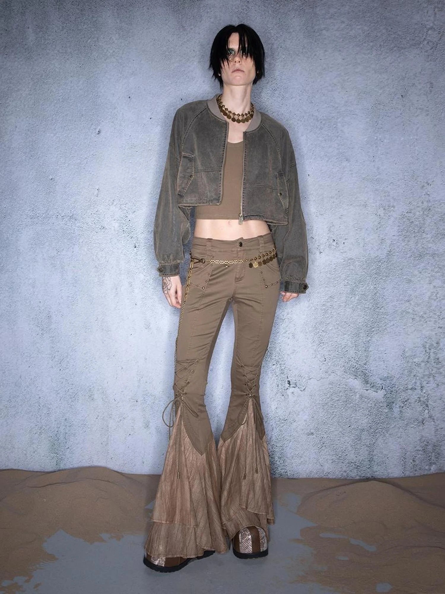 Washed Aviator Jacket Set With Wild Grass Texture