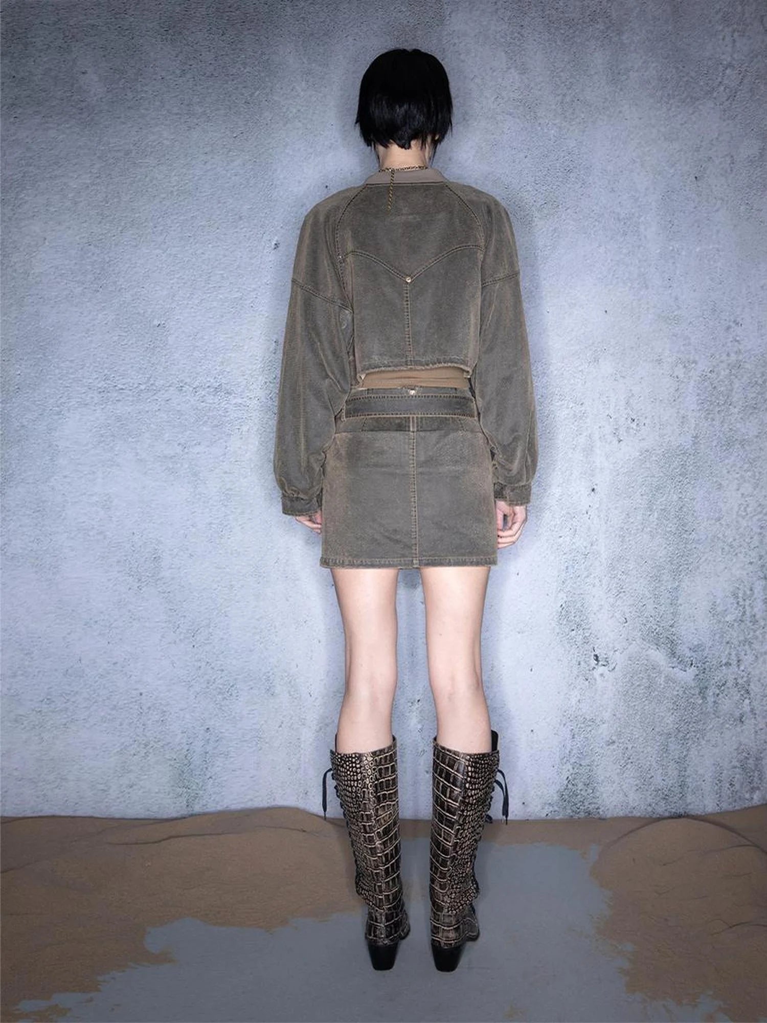 Washed Aviator Jacket Set With Wild Grass Texture