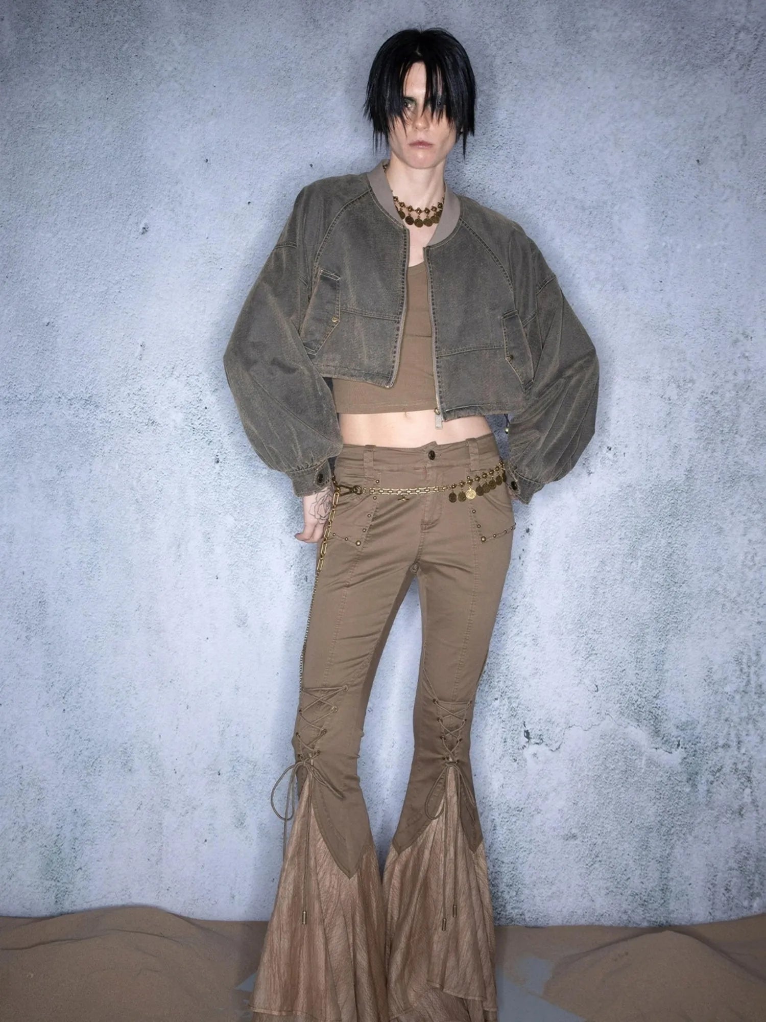 Washed Aviator Jacket Set With Wild Grass Texture