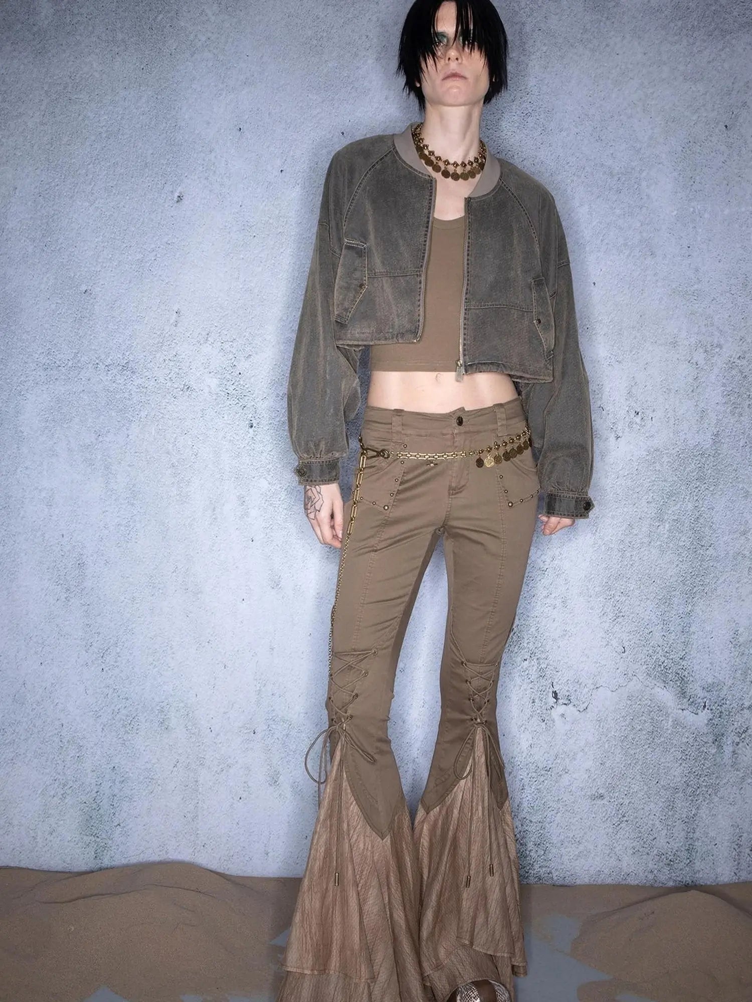 Washed Aviator Jacket Set With Wild Grass Texture