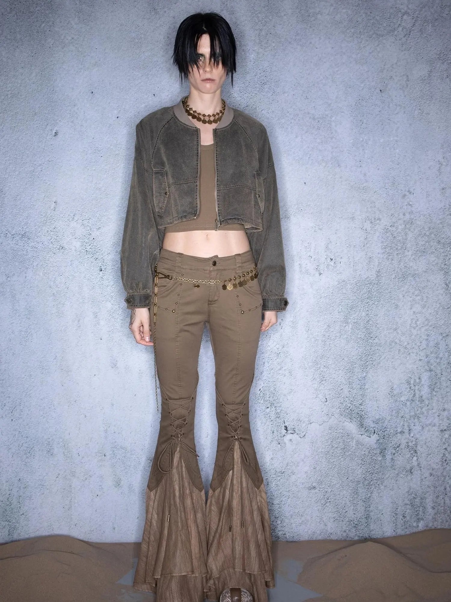 Washed Aviator Jacket Set With Wild Grass Texture