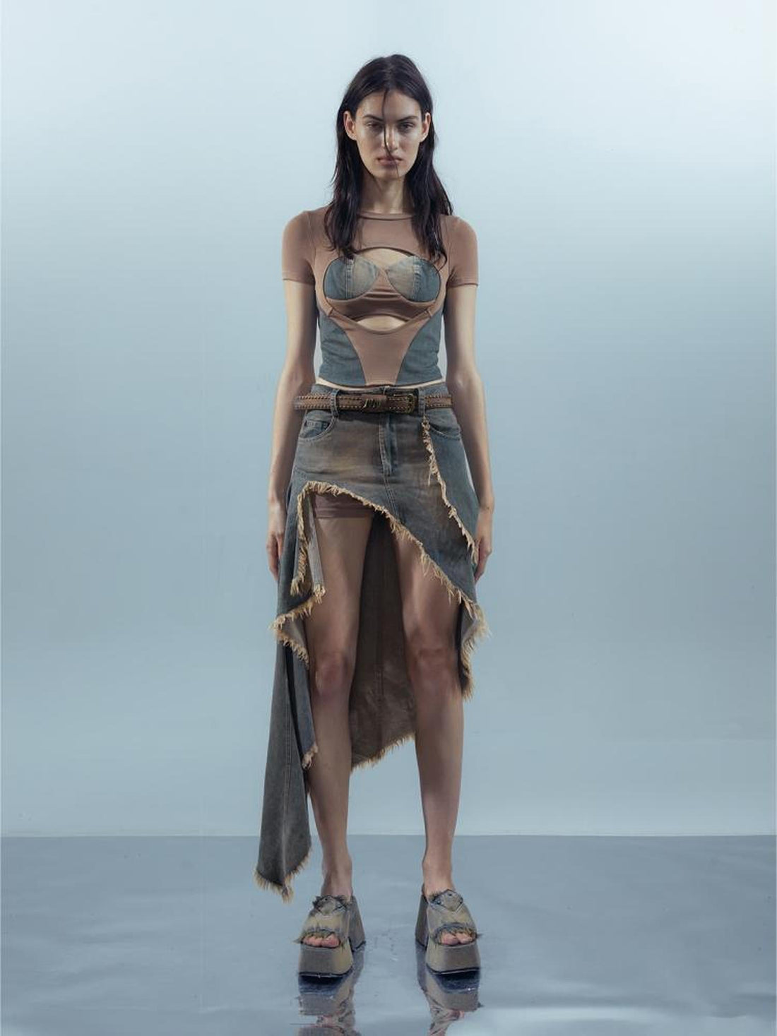 UpdateNN NORTH NODE Washed Denim Cut Out Cropped Tee