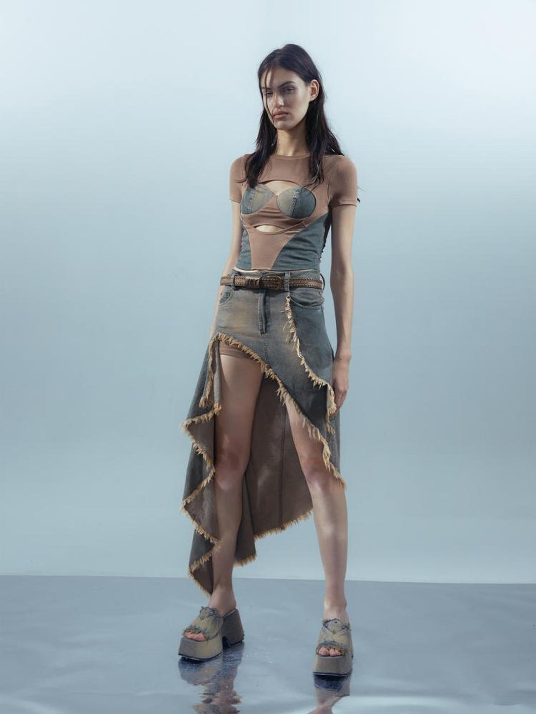 UpdateNN NORTH NODE Washed Denim Cut Out Cropped Tee