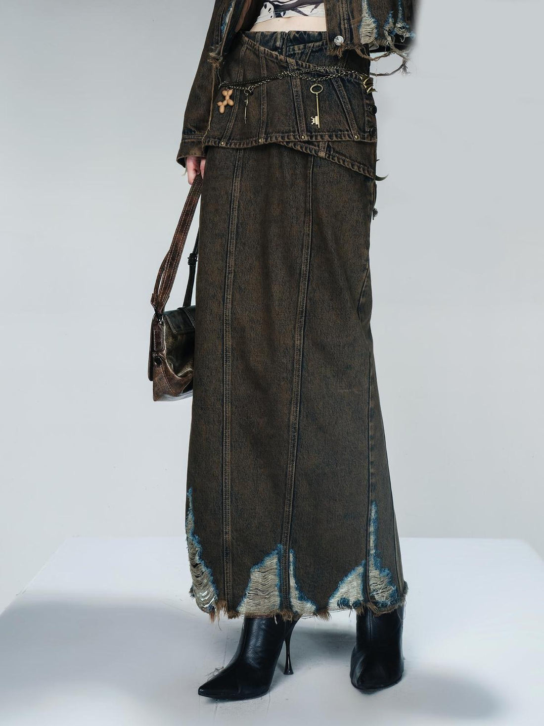 UpdateNN NORTH NODE Washed Denim Distressed Midi Skirt