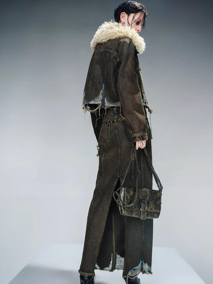 UpdateNN NORTH NODE Washed Denim Distressed Midi Skirt