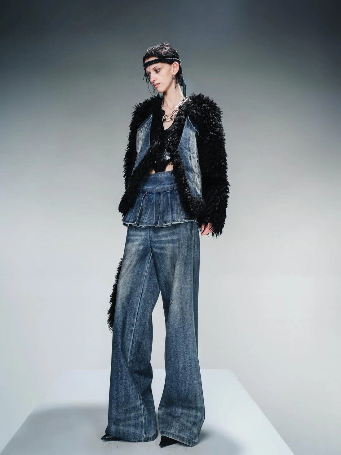 Washed Denim Patchwork Faux Fur Lined Jacket