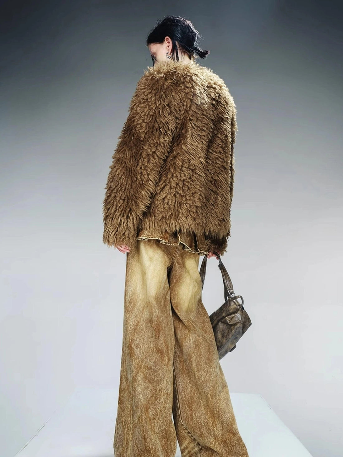 Washed Denim Patchwork Faux Fur Lined Jacket