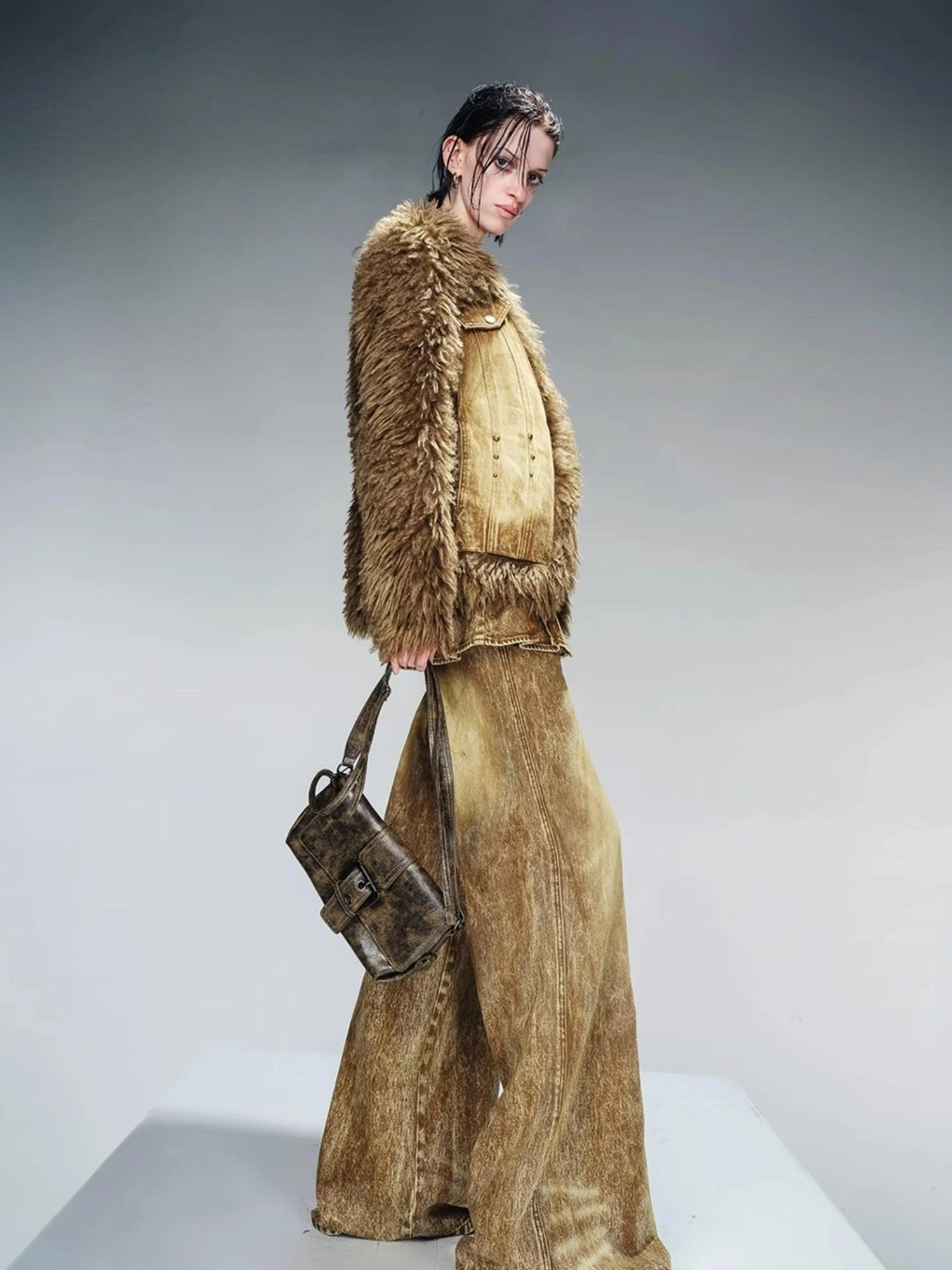 Washed Denim Patchwork Faux Fur Lined Jacket